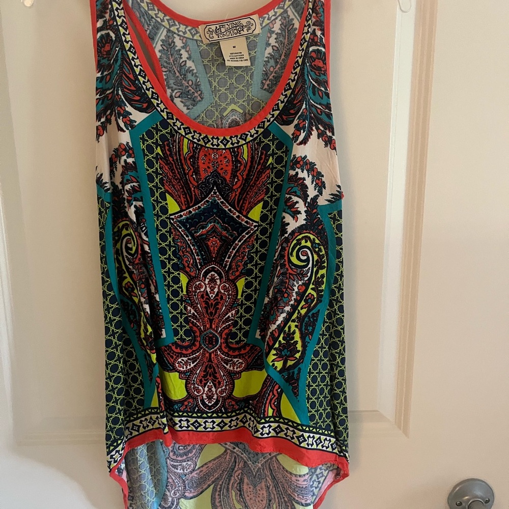 Flying Tomato Green and Red Asymmetrical Graphic Tank Top